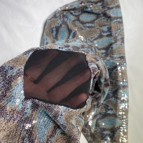 Marineblu Strapless Snake Print Blue & Brown Sequin Mini Dress with Mesh - Picture 2 of 13